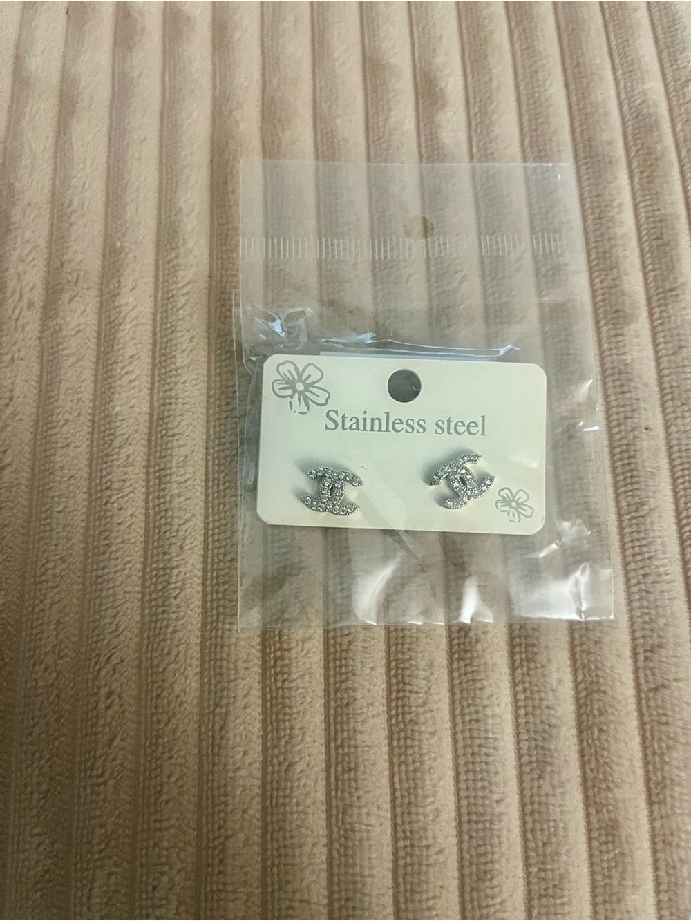 Crystal Accent Stainless Steel Logo-Style Stud Earrings - Silver - Picture 3 of 4